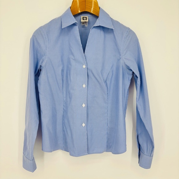 Anne Klein Blue and White Pinstriped Non-Iron Long Sleeve Button Down Top, Small - Picture 10 of 16